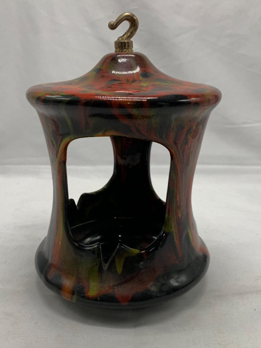 1960s Hand-Painted Ceramic Hanging Incense Ashtray Abstract Multicolor Glaze